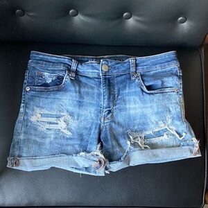 American Eagle Outfitters Super Super Stretch X Midi Distressed Jean Shorts